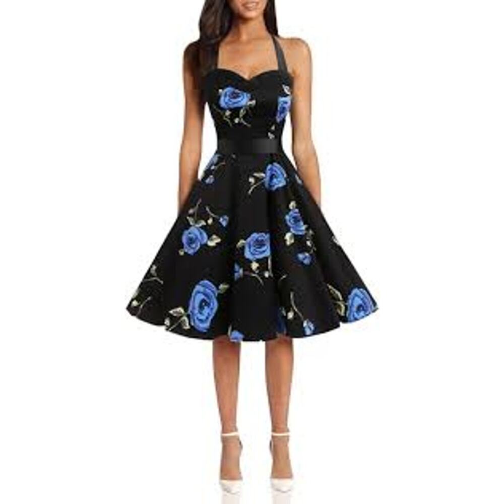 Dress Tells Medium Halter Dress Black Blue Floral Lace Up Hourglass Sleeveless